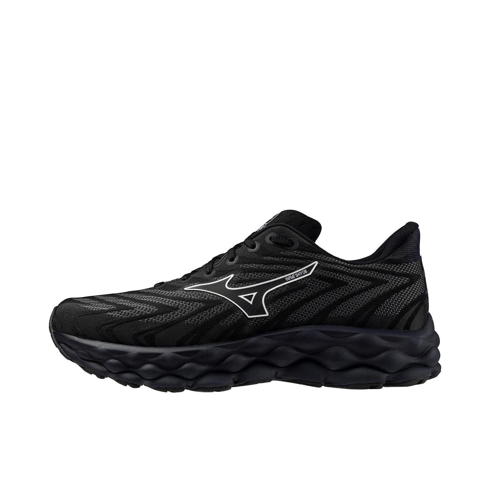 推荐商品：Mizuno/美津浓 Wave Sky 8 缓震回弹 舒适轻便 防滑耐磨 透气 百搭时尚 织物 慢跑 跑鞋 全黑色