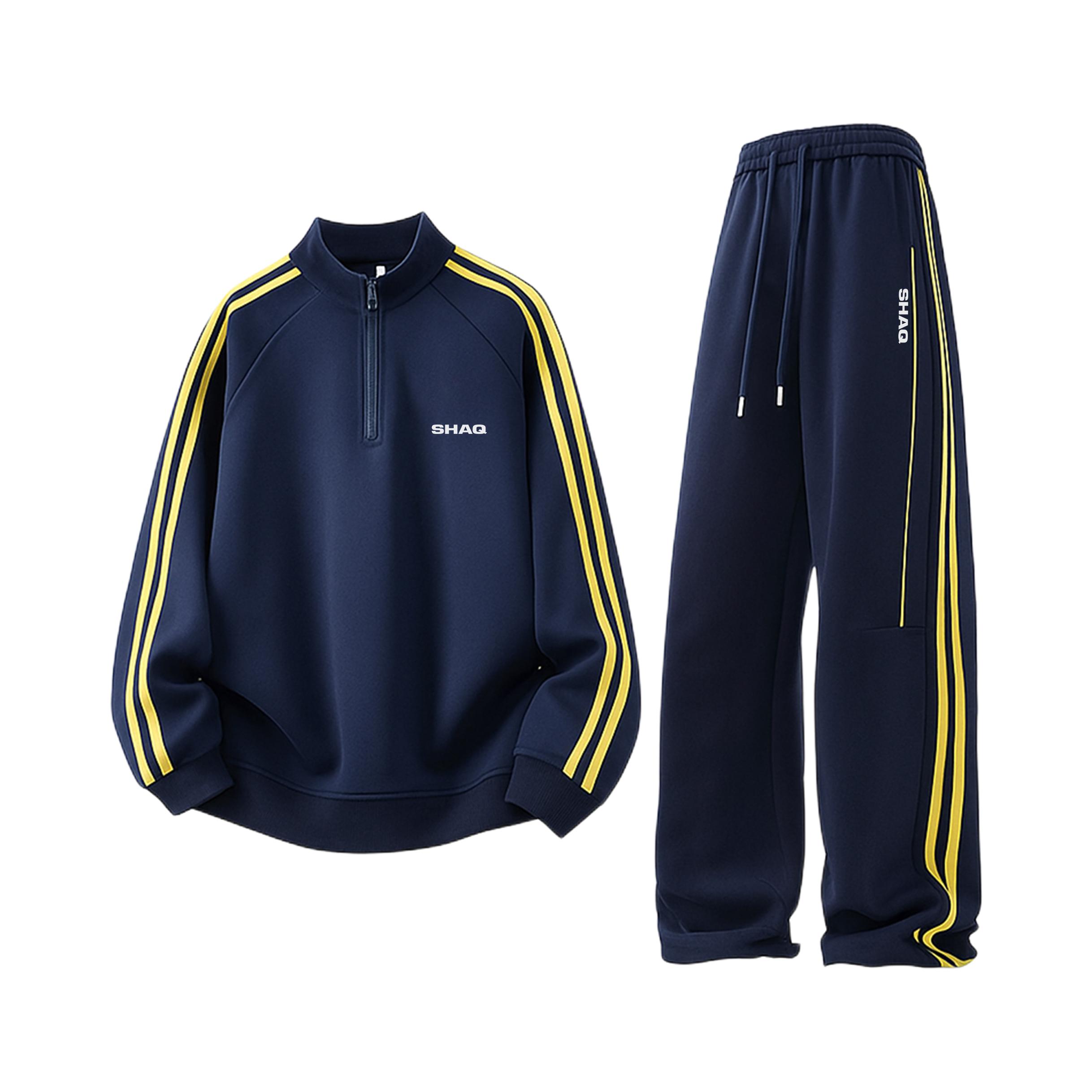 推荐商品：SHAQ 美式复古拼接长袖休闲套装 SQC25015689 藏青