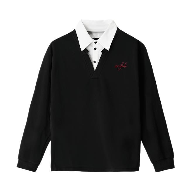 推荐商品：佐菲利 假俩件刺绣Logo长袖Polo衫 CDW-GYJ-ZFL-XZ413-1-HT2503 黑