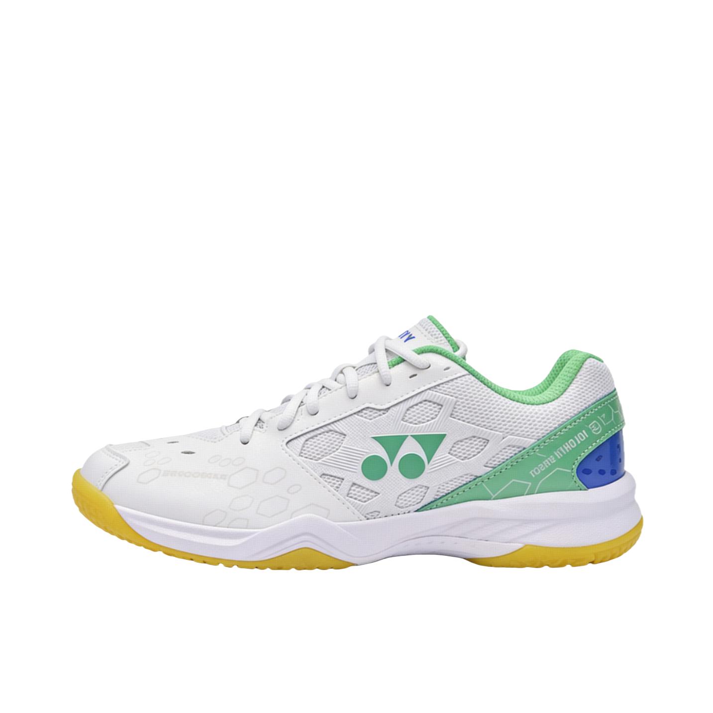 推荐商品：YONEX/尤尼克斯 Power Cushion 101系列 羽毛球鞋 系带减震稳定轻便训练包裹性轻量圆头回弹合成革 白色/绿色