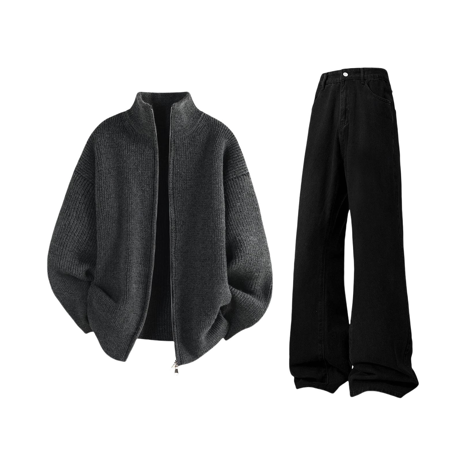 推荐商品：MOZHILING 落肩开衫微喇裤亲肤重工水洗垂感长袖休闲套装 MZLXDGZK80+7740-A01 深灰上衣+黑牛仔裤