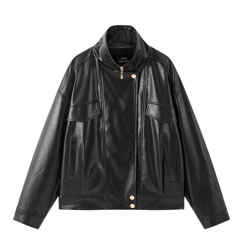 推荐商品：PEACEBIRD/太平鸟 纯色落肩拉链长袖皮衣 女装 AABBG1159 黑