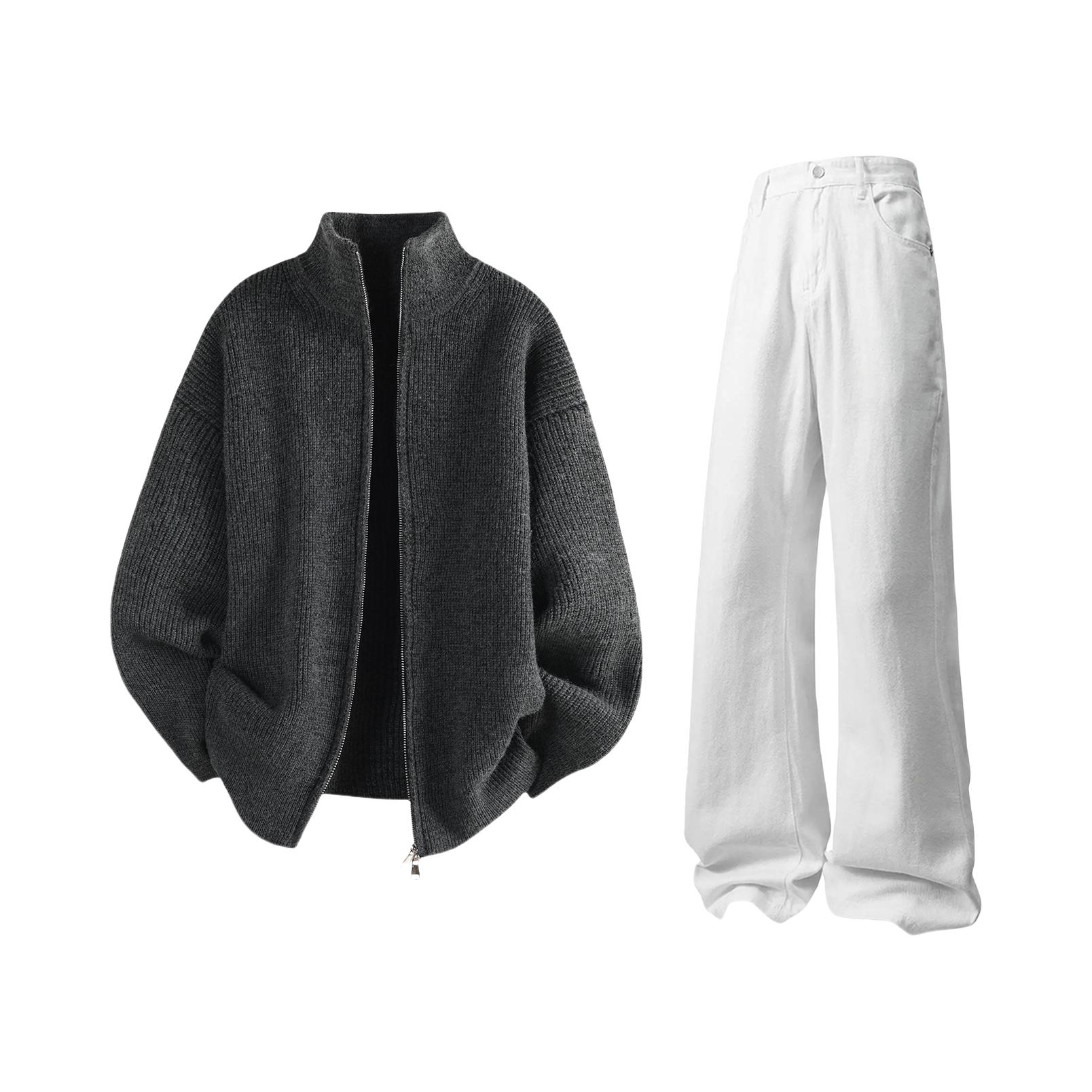 推荐商品：MOZHILING 落肩开衫微喇裤亲肤重工水洗垂感长袖休闲套装 MZLXDGZK80+7740-A01 深灰上衣+白牛仔裤