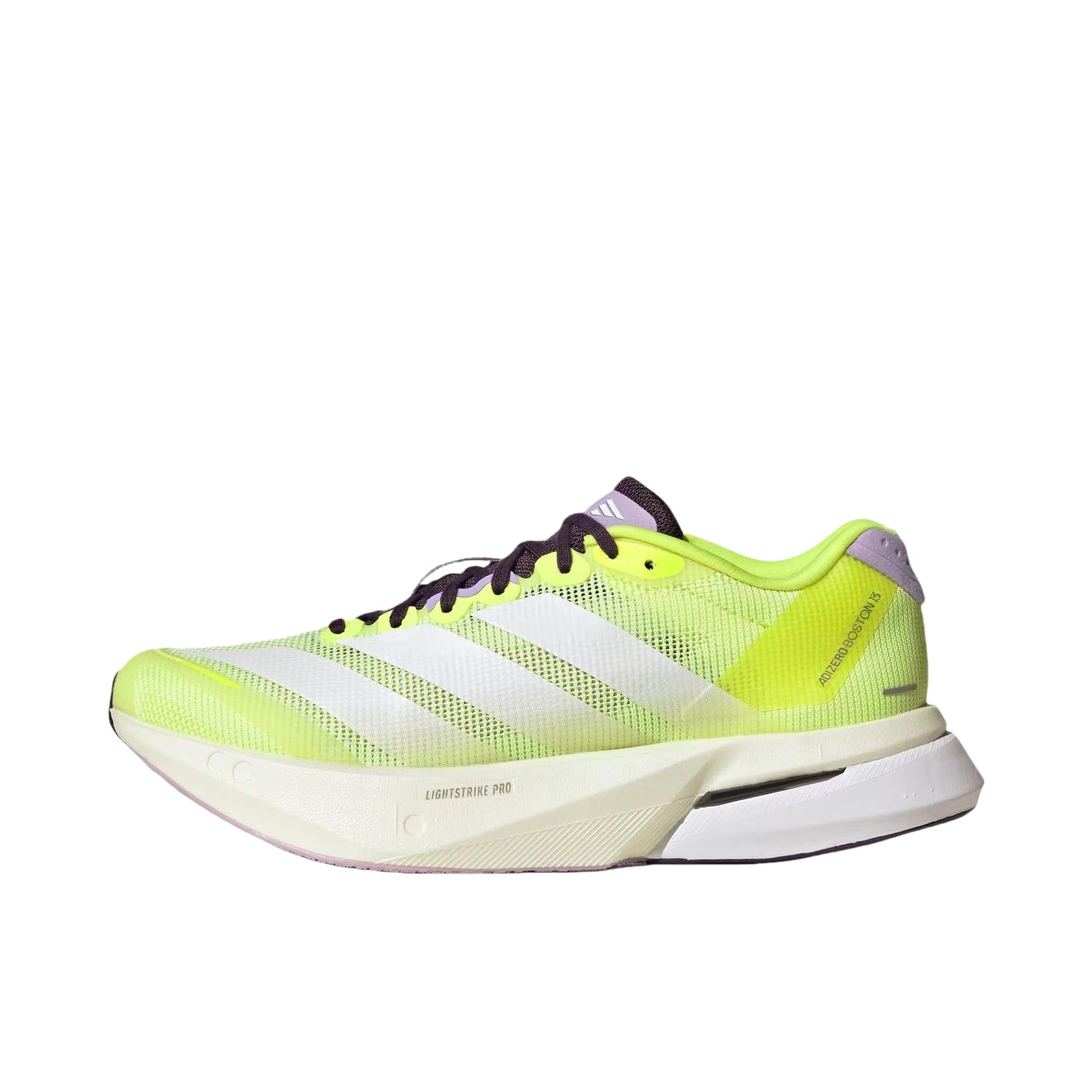推荐商品：adidas Adizero Boston 13 跑鞋 低帮系带防滑耐磨透气玻纤柱竞训支撑贴合 亮黄荧光/白色