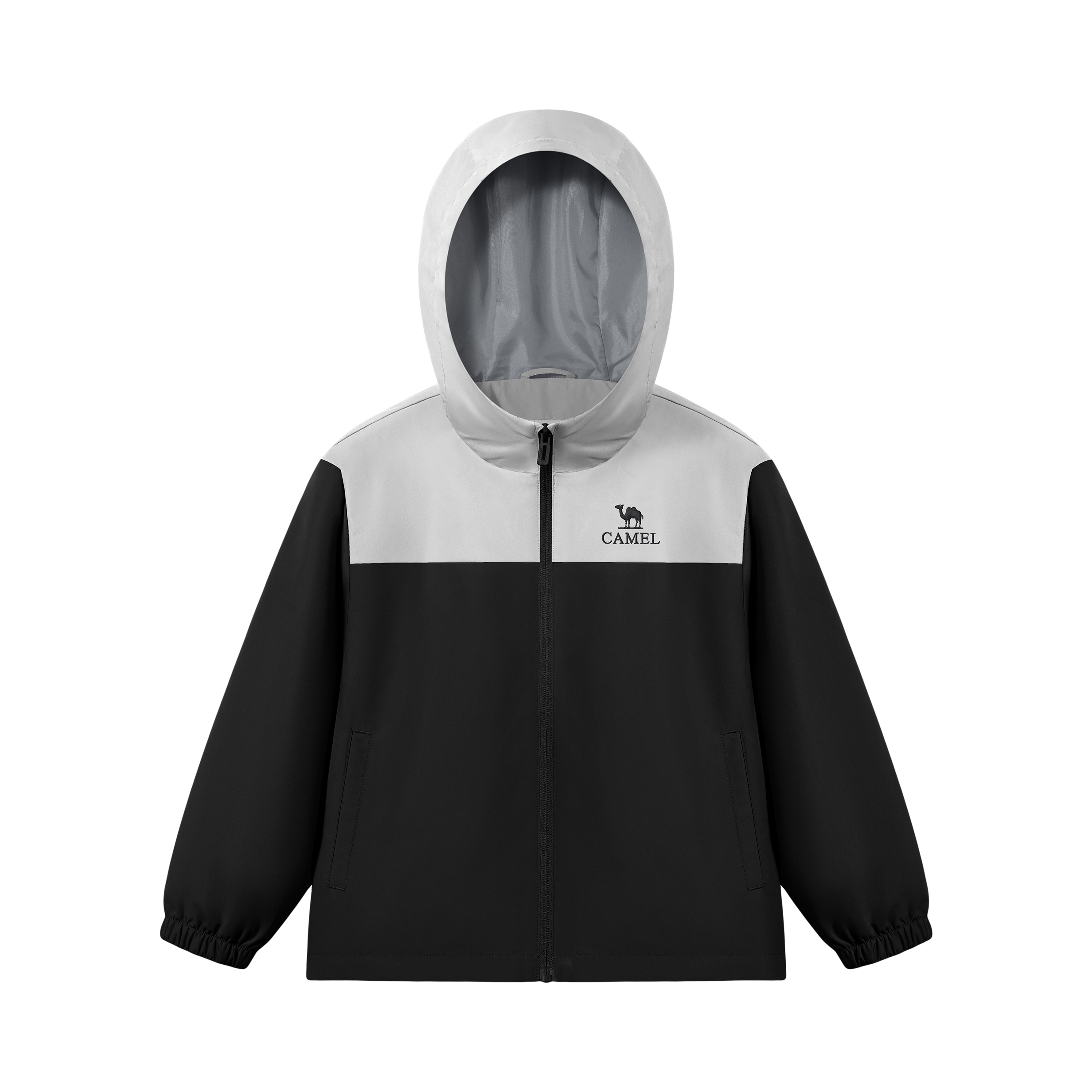推荐商品：Camel/骆驼童装 防水防风拉链梭织连帽长袖冲锋衣 大童 D65CK08062 黑/灰