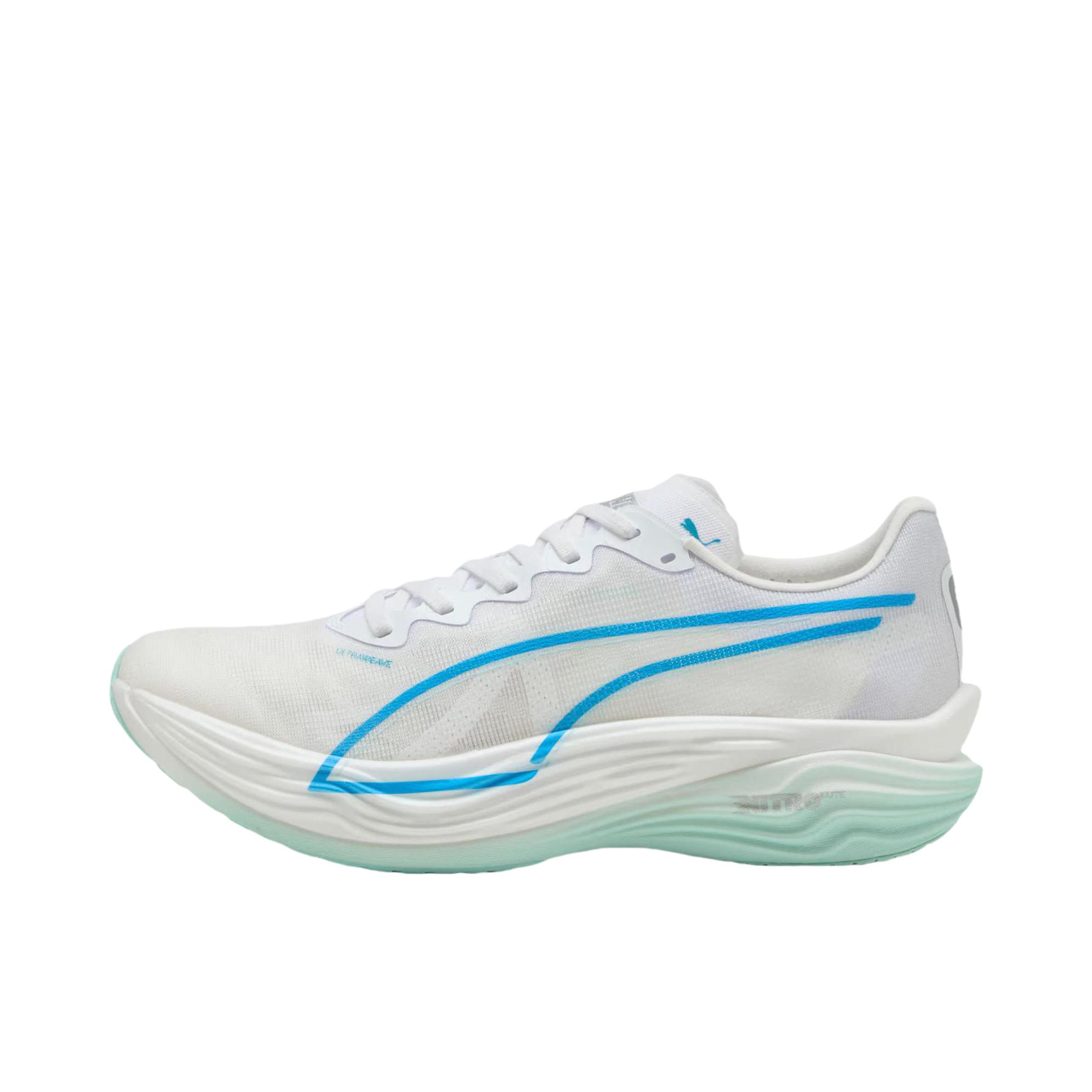 推荐商品：Puma/彪马 Deviate Nitro 3 透气缓震 舒适百搭 碳板 氮气科技 长跑 跑鞋 白色/蓝色