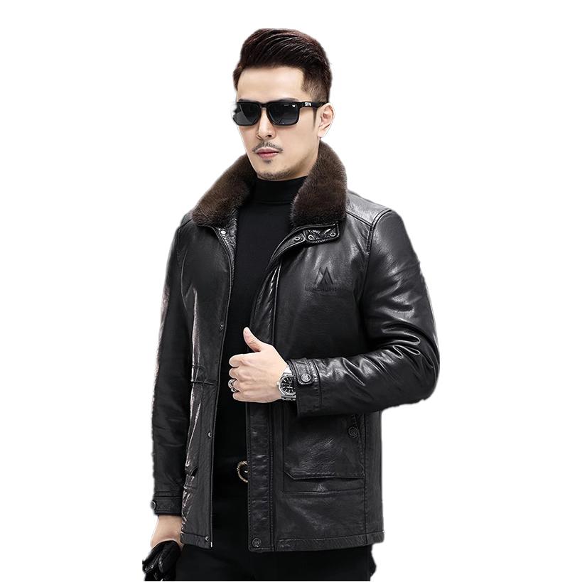 推荐商品：KAISER/凯撒 加绒加厚牛皮长袖皮衣 XNJ2302 黑