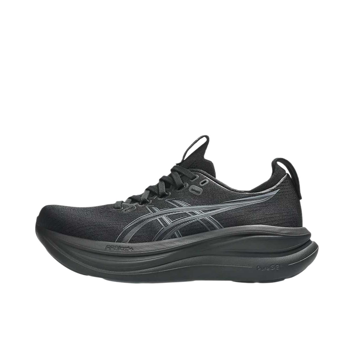 推荐商品：Asics/亚瑟士 GEL-NIMBUS 28 跑鞋 百搭时尚舒适圆头减震回弹夜跑轻便贴合支撑网面抓地慢跑缓冲缓震马拉松训练防滑冬季稳定竞速增高通勤鞋 女款/黑色/石墨灰