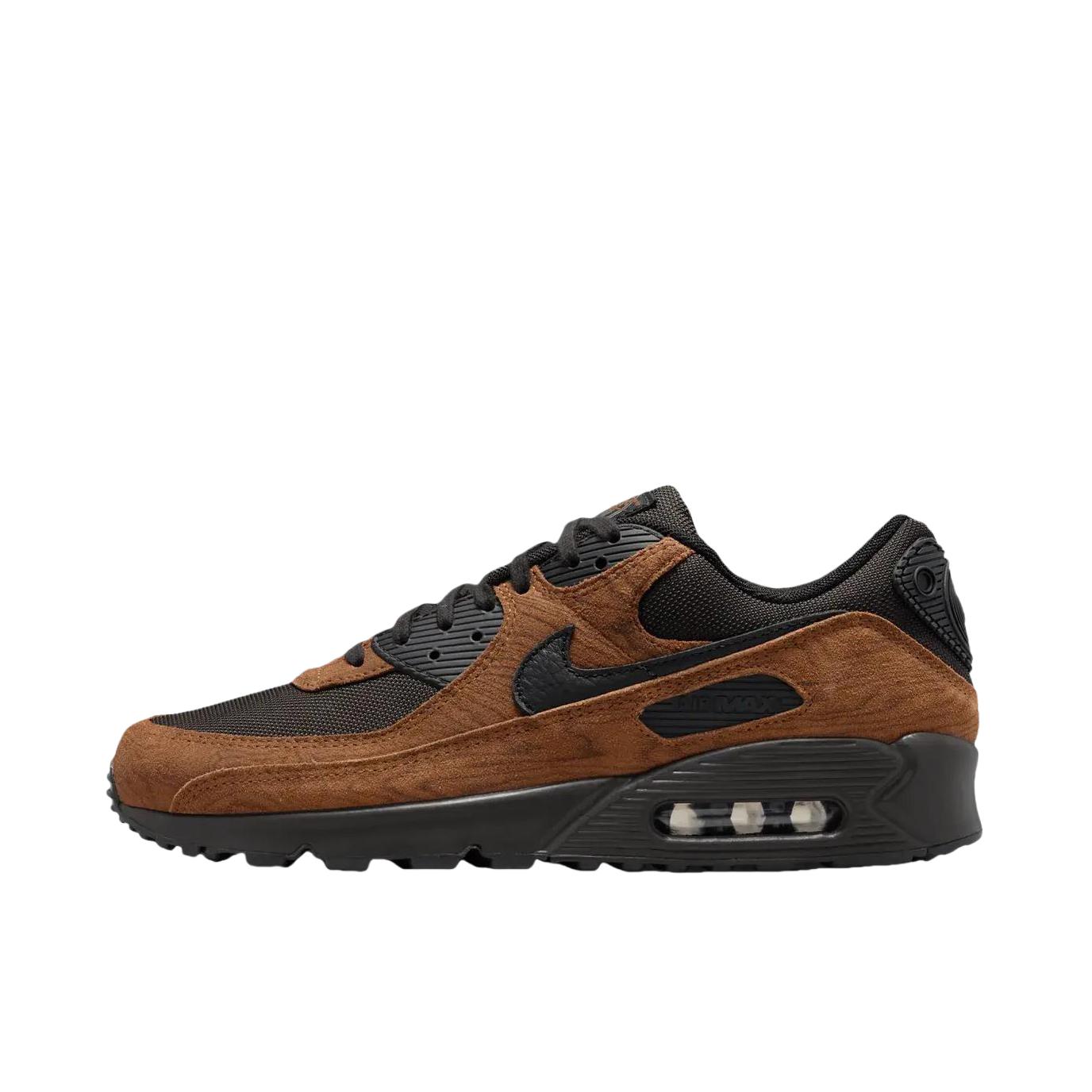 推荐商品：Nike Air Max 90 跑鞋 气垫合成革缓震透气复古增高圆头贴合拼接 深棕色/黑色/前黑色