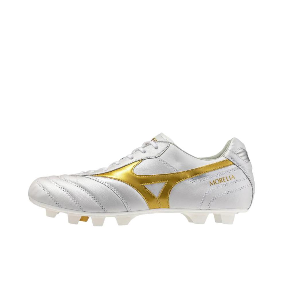 推荐商品：Mizuno/美津浓 Morelia 2 FG 顶级 长钉 防滑耐磨 舒适减震 比赛训练 天然草地 足球鞋 白色/金色 