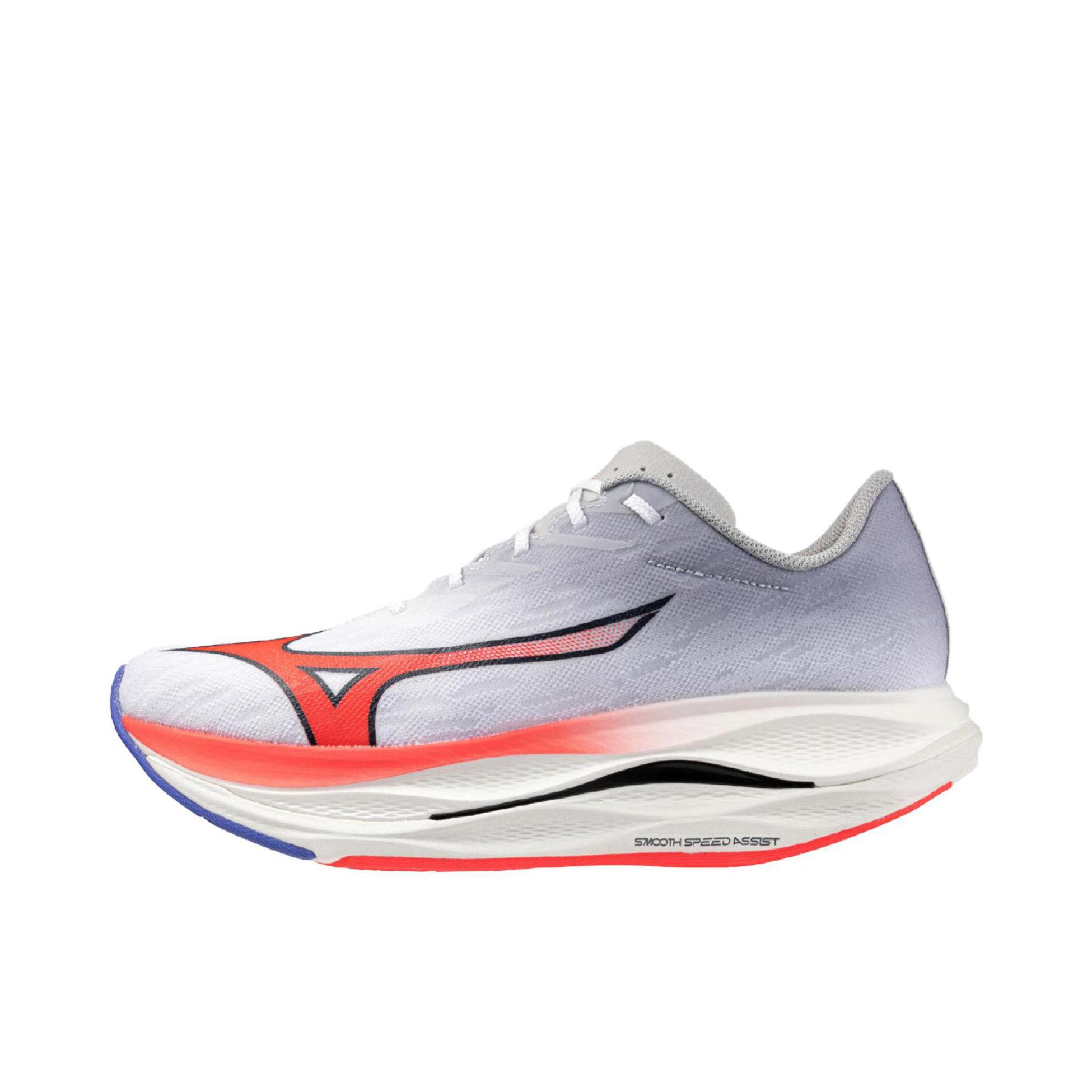 推荐商品：Mizuno/美津浓 WAVE REBELLION FLASH 3 跑鞋 橡胶系带厚底圆头支撑 2E宽/白色/红色
