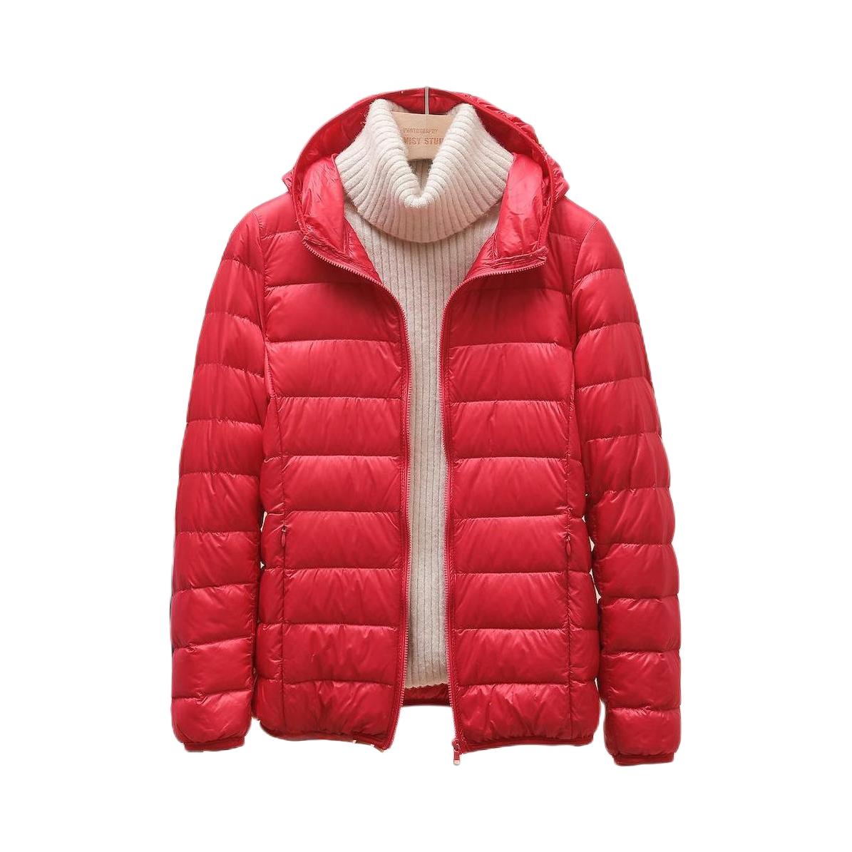 推荐商品：BINRUILA/芮贝拉 连帽保暖白鸭绒短款长袖羽绒服 女装 YR580108 大红