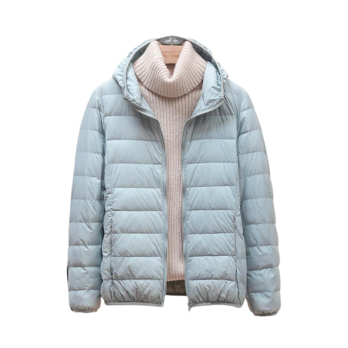 推荐商品：BINRUILA/芮贝拉 连帽保暖白鸭绒短款长袖羽绒服 女装 YR580108 浅蓝