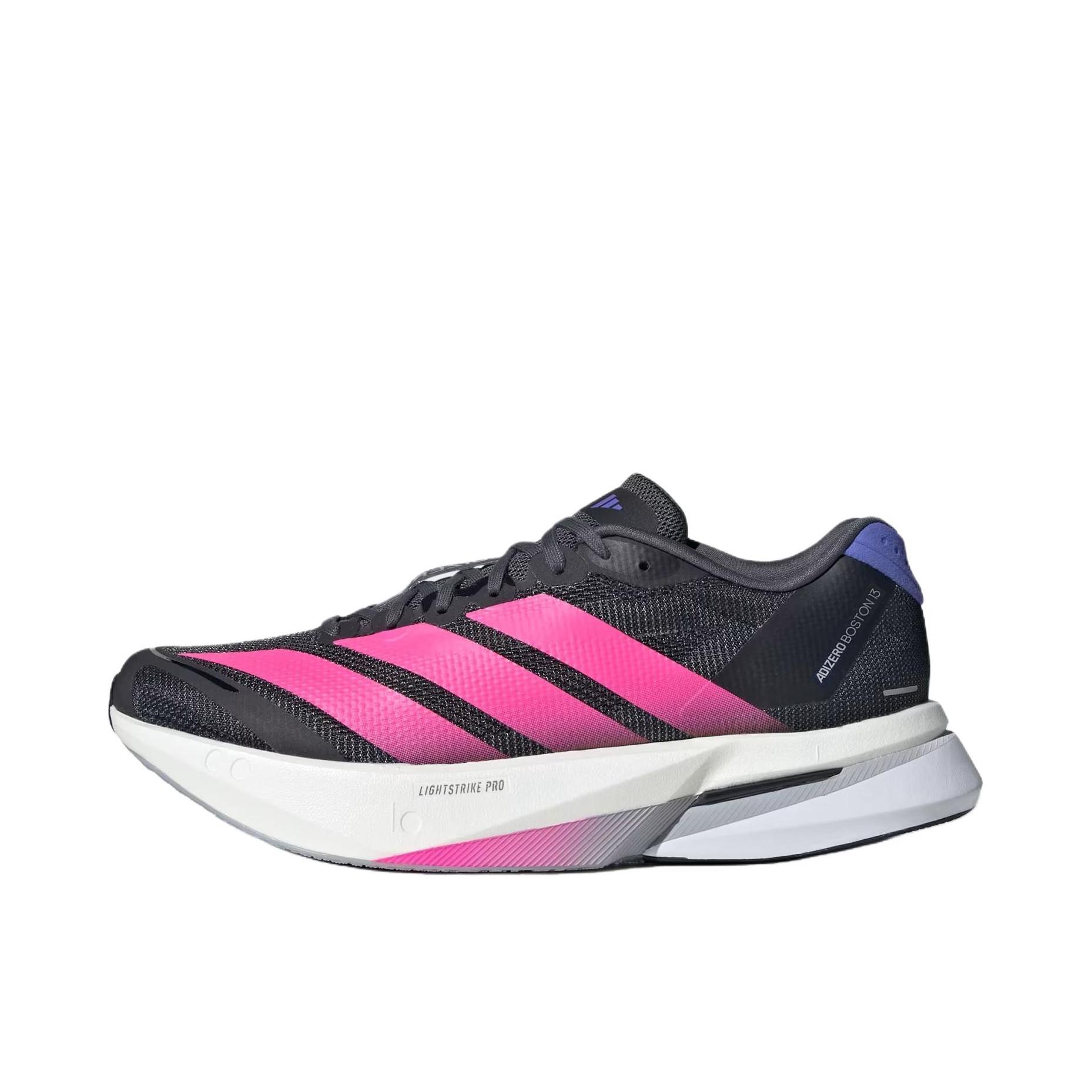 推荐商品：adidas Adizero Boston 13 跑鞋 低帮系带防滑耐磨透气玻纤柱竞训支撑贴合 黑色/粉色