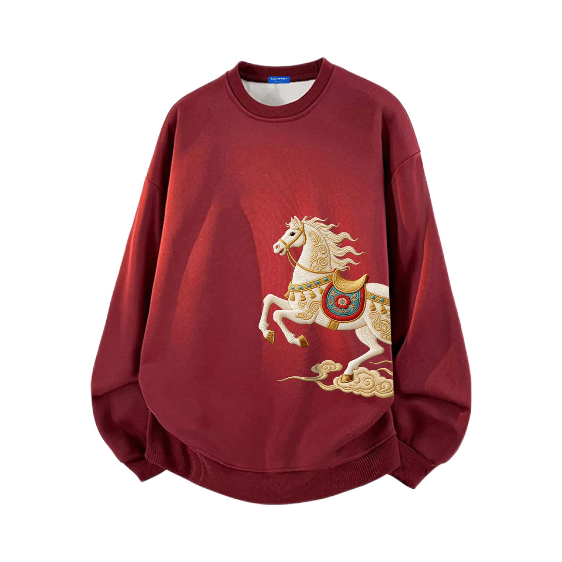 推荐商品：SWAMP AREA 马年贺岁系列加绒保暖落肩圆领长袖卫衣 SW021-9966-SW1519 酒红