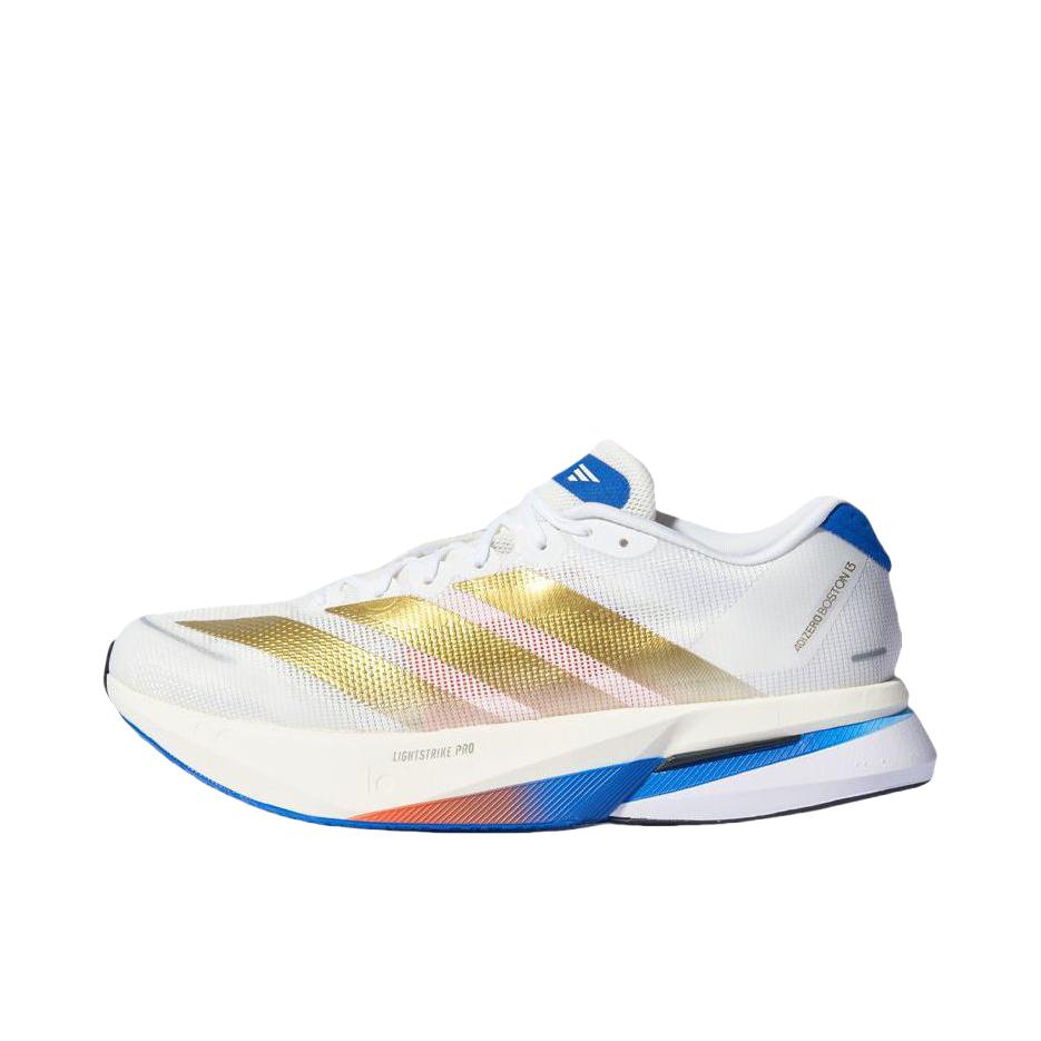 推荐商品：adidas Adizero Boston 13 跑鞋 低帮系带防滑耐磨透气玻纤柱竞训支撑贴合 白色/金色/蓝色