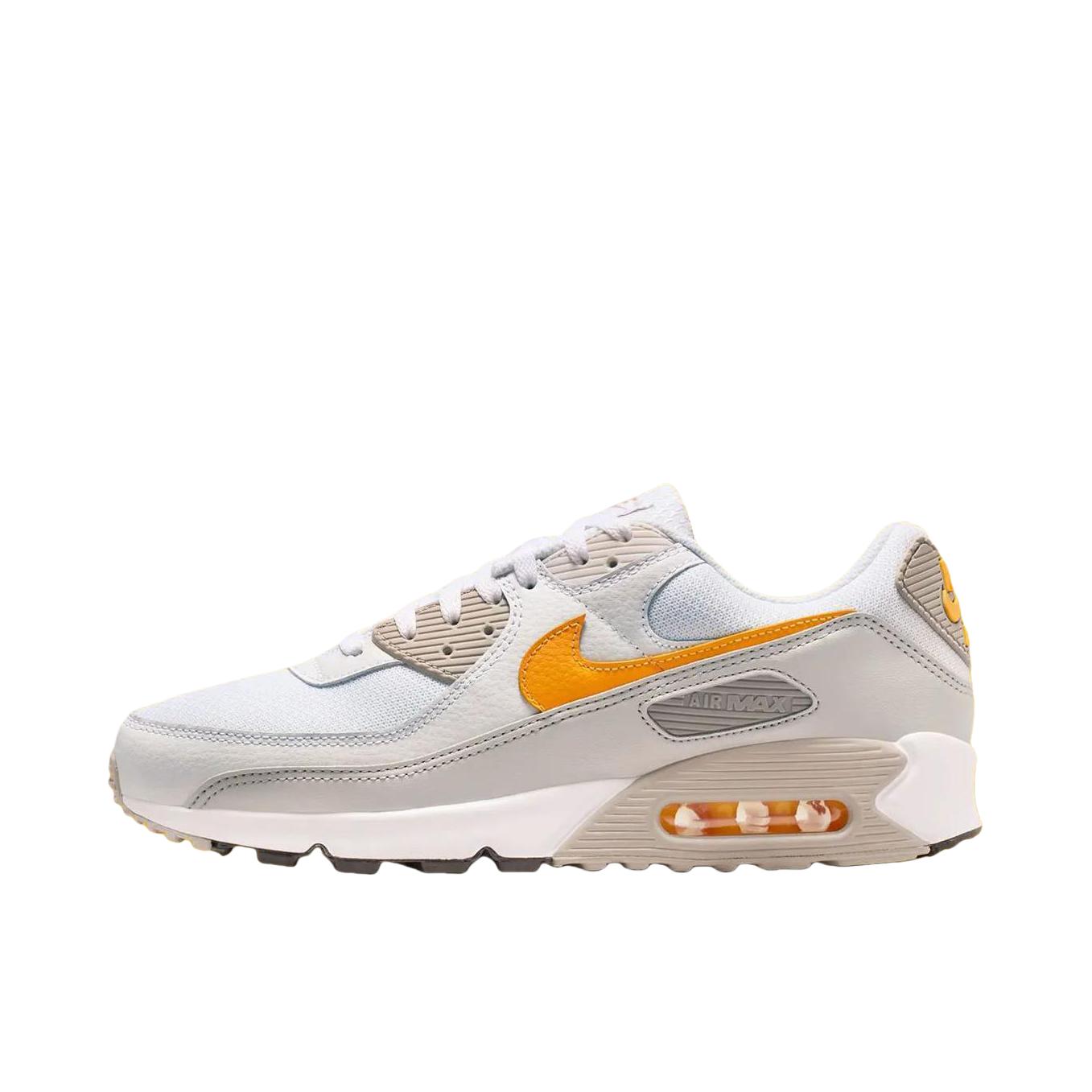 推荐商品：Nike Air Max 90 跑鞋 气垫合成革缓震透气复古增高圆头贴合拼接 奶白色/橙色