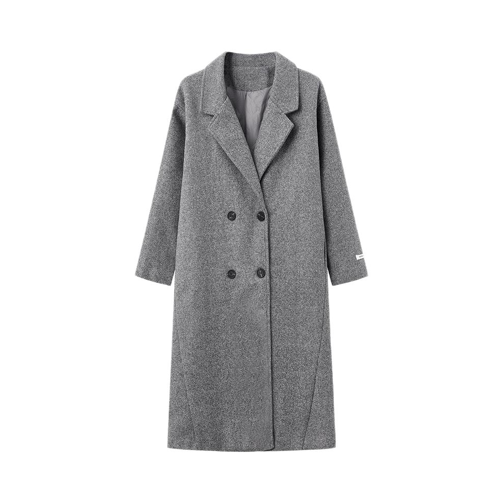推荐商品：BDGU 涤纶双排扣落肩长袖毛呢外套 女装 DGF102309 灰