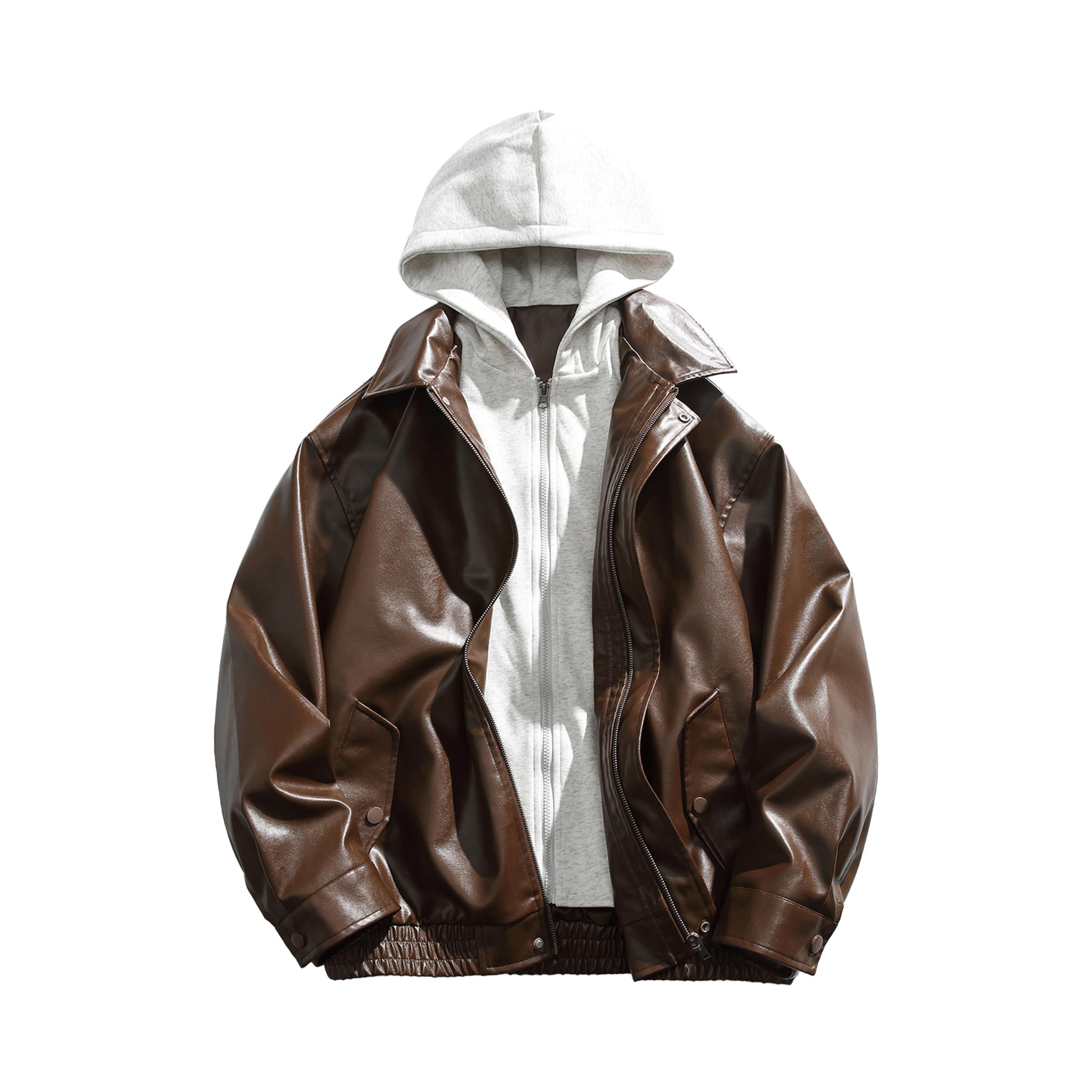 推荐商品：货刻 假两件短款连帽长袖皮衣 AR001LZ3031 摩卡棕