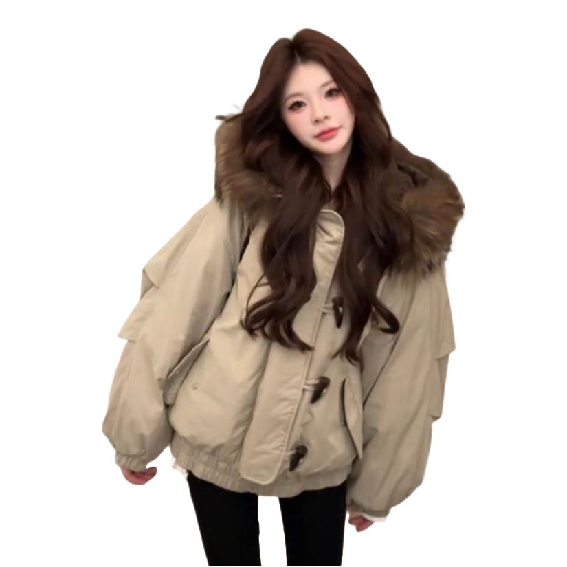 推荐商品：Amyway 大毛领短款加厚长袖棉服 女装 AM-FYL1-8807 卡其