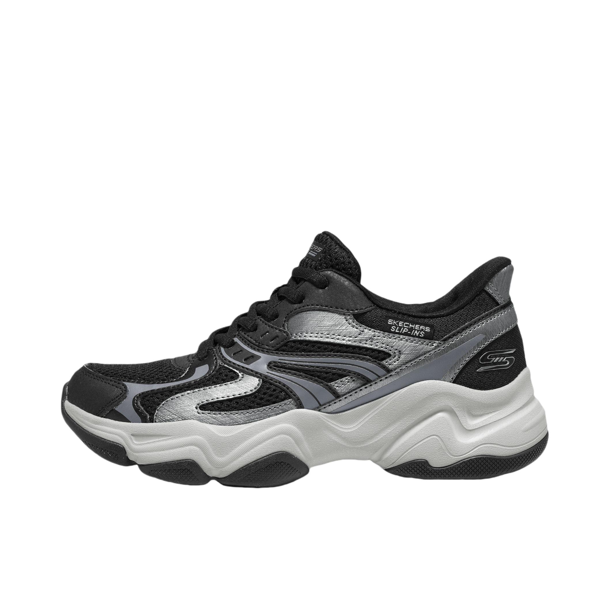 推荐商品：Skechers/斯凯奇 DLITES 老爹鞋 时尚透气减震耐磨人造革网布支撑增高一脚蹬轻便防滑 女款/黑色