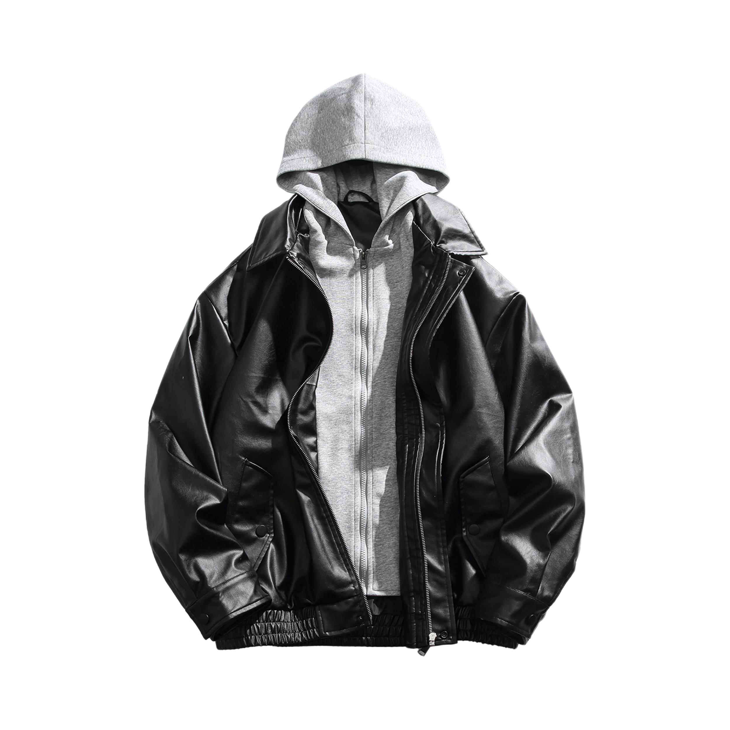 推荐商品：货刻 假两件短款连帽长袖皮衣 AR001LZ3031 石墨黑