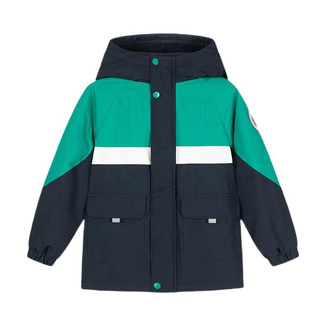 推荐商品：souhait/水孩儿童装 保暖加绒拼色连帽冲锋衣 中大童 极光蓝