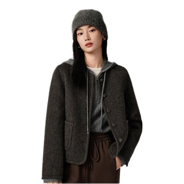 推荐商品：Juzui/玖姿 单排扣双面呢长袖毛呢外套 女装 KWFD72311 黑灰