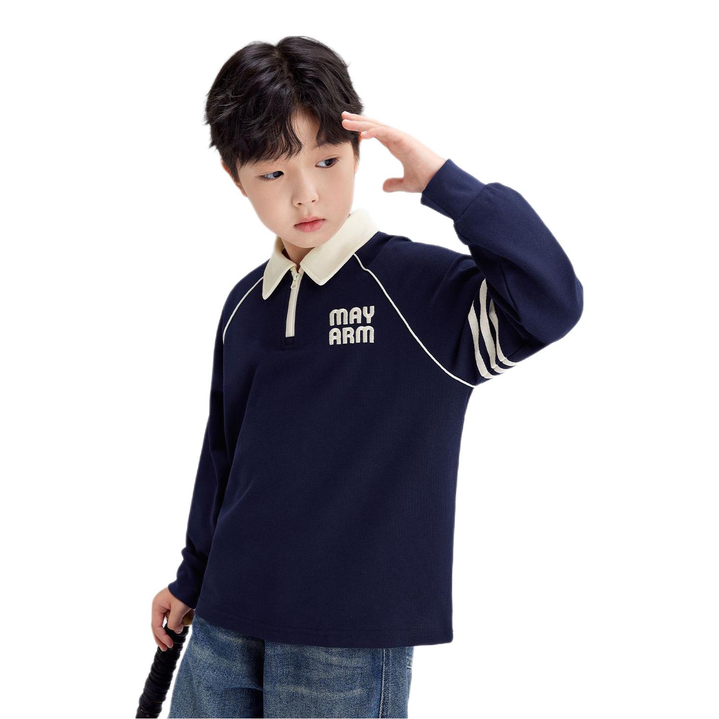 推荐商品：zosee/左西童装 学院风印花透气长袖Polo衫 男中大童 藏青