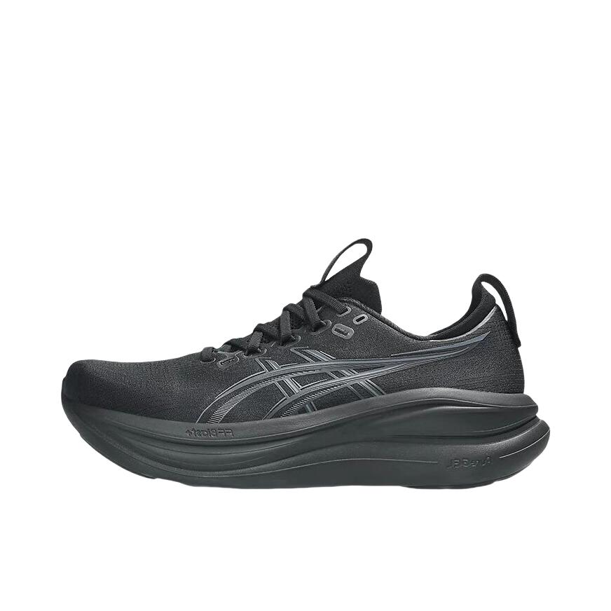 推荐商品：Asics/亚瑟士 GEL-NIMBUS 28 跑鞋 百搭时尚舒适圆头减震回弹夜跑轻便贴合支撑网面抓地慢跑缓冲缓震马拉松训练防滑冬季稳定竞速增高通勤鞋 4E宽/男款/黑色/灰色