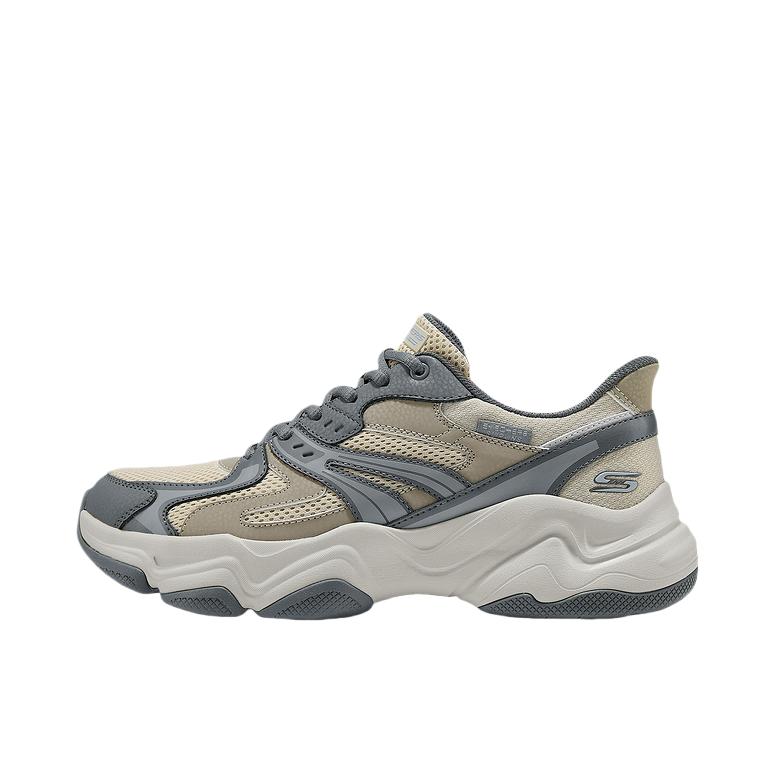 推荐商品：Skechers/斯凯奇 DLITES 老爹鞋 时尚透气减震耐磨人造革网布支撑增高一脚蹬轻便防滑 深灰色/褐色