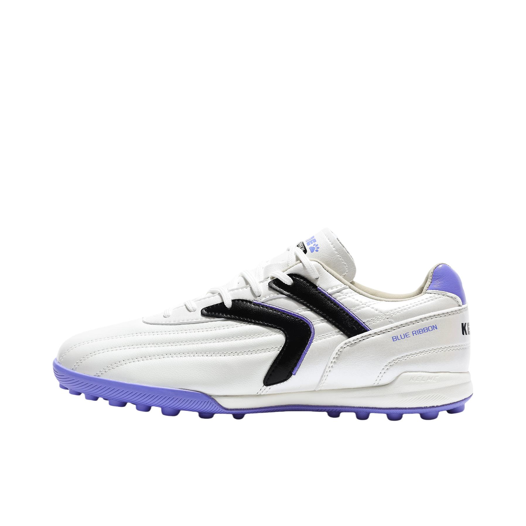 推荐商品：KELME/卡尔美 足球鞋 TF碎钉人造草地耐磨中端训练比赛缓震 8621ZX1451 白色/紫色