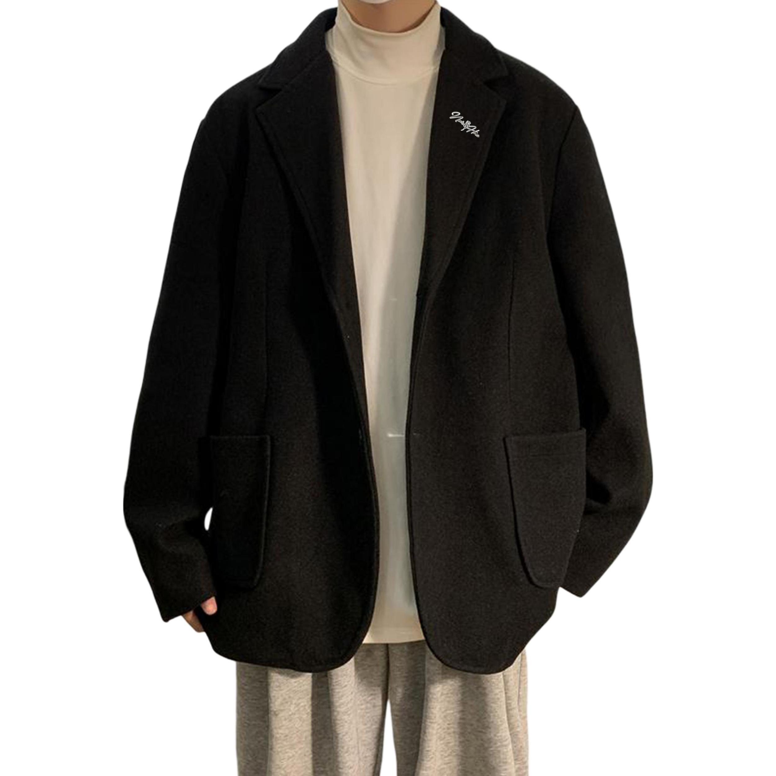 推荐商品：NEAR HERE 复古落肩毛呢翻领单排扣大衣 XL-N6169 黑/加棉