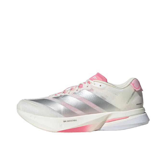 推荐商品：adidas Adizero Boston 13 低帮 系带 防滑耐磨 透气 玻纤柱 竞训 跑鞋 亮白色/金属银/祈福粉