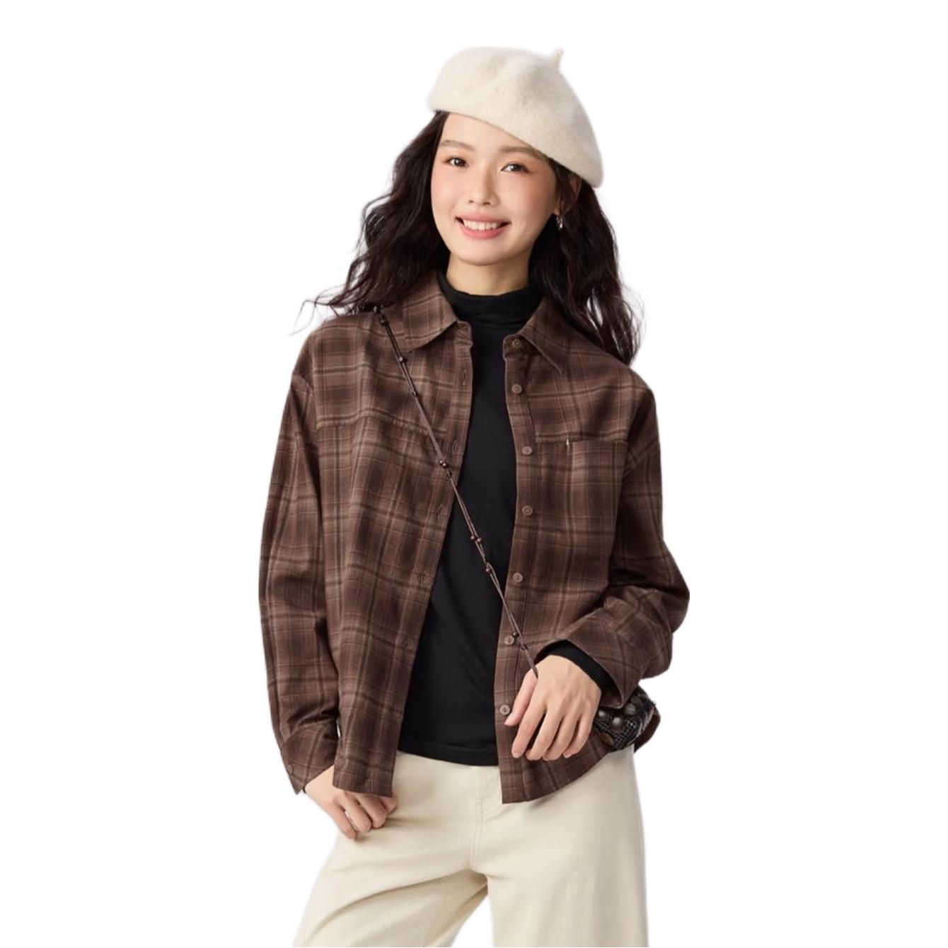推荐商品：佐丹奴 美式法兰绒格子长袖衬衫 女装 13345859 咸菜卡其