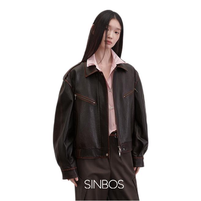 推荐商品：SINBOS 方领植鞣绵羊皮长袖皮衣 女装 SF5D21027 榛果棕