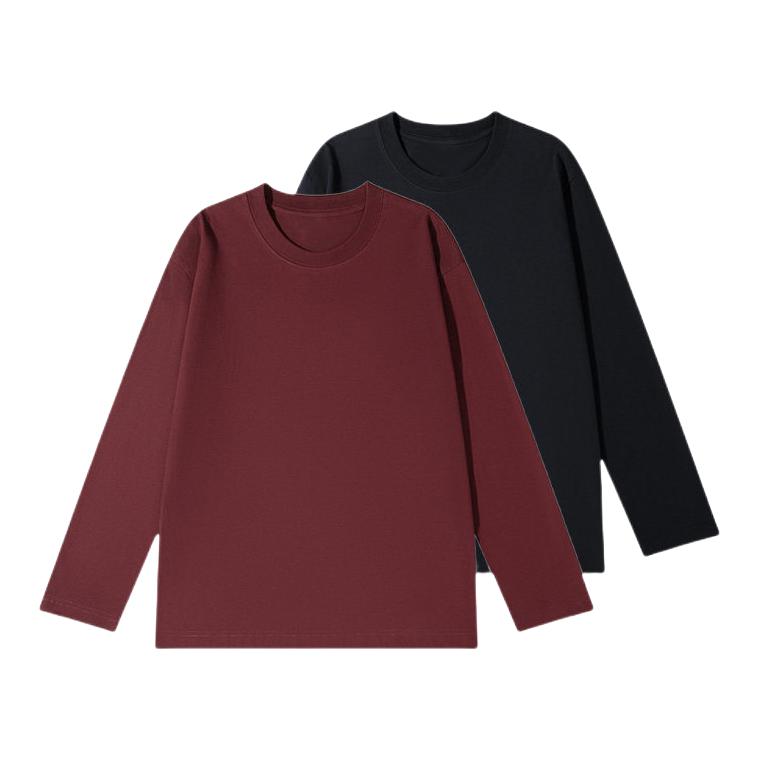 推荐商品：犸凯奴 宽松系列套头圆领纯色长袖T恤 MAFXGA18045 黑+酒红/2件装