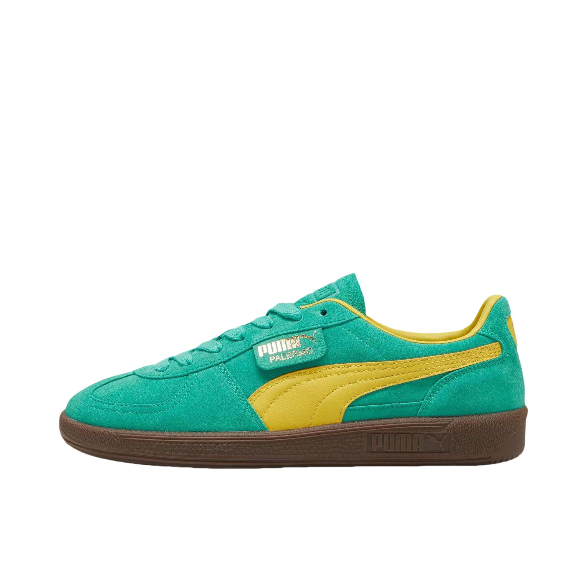 推荐商品：【朴彩英同款】 Puma/彪马 Palermo Og T头鞋 德训鞋 运动休闲鞋 时尚潮流拼接舒适百搭薄底贴合 青色/黄色