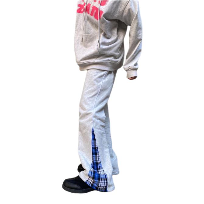 推荐商品：传奇商行 格纹拼接高腰休闲长裤 浅灰