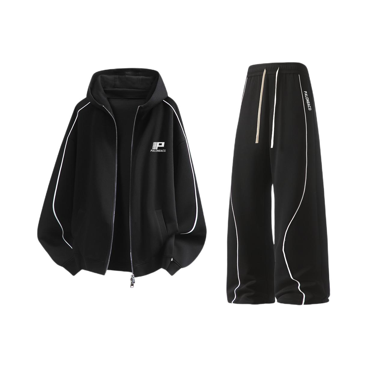 推荐商品：PAL ONGACO/柏朗亚高 拉链系带松紧腰字母几何图案长袖运动套装 Q-TZ78-977 黑上衣+黑裤子/2件装