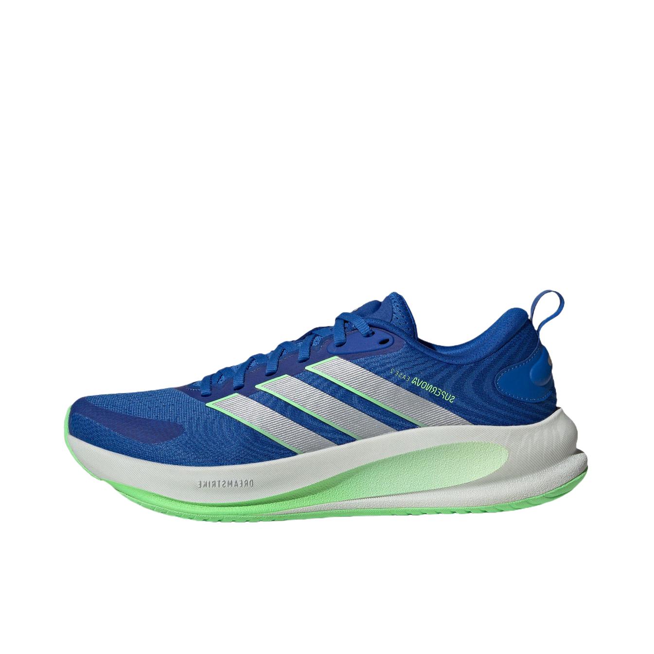 推荐商品：adidas SUPERNOVA EASE 2 跑鞋 系带橡胶厚底圆头贴合支撑慢跑轻便网面缓震 蓝色/金属银/魔力酸橙绿