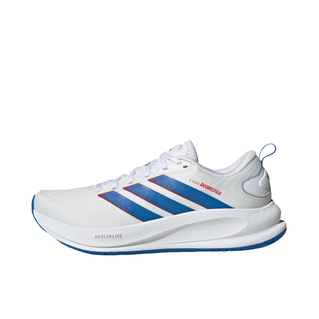 推荐商品：adidas SUPERNOVA EASE 2 跑鞋 系带橡胶厚底圆头贴合支撑慢跑轻便网面缓震 白色/空军蓝/纯宝石红
