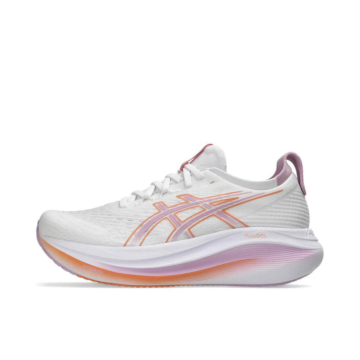 推荐商品：Asics/亚瑟士 Gel-Nimbus 27 跑鞋 防滑耐磨缓震轻量回弹舒适轻便支撑夜跑 白色/浅紫色