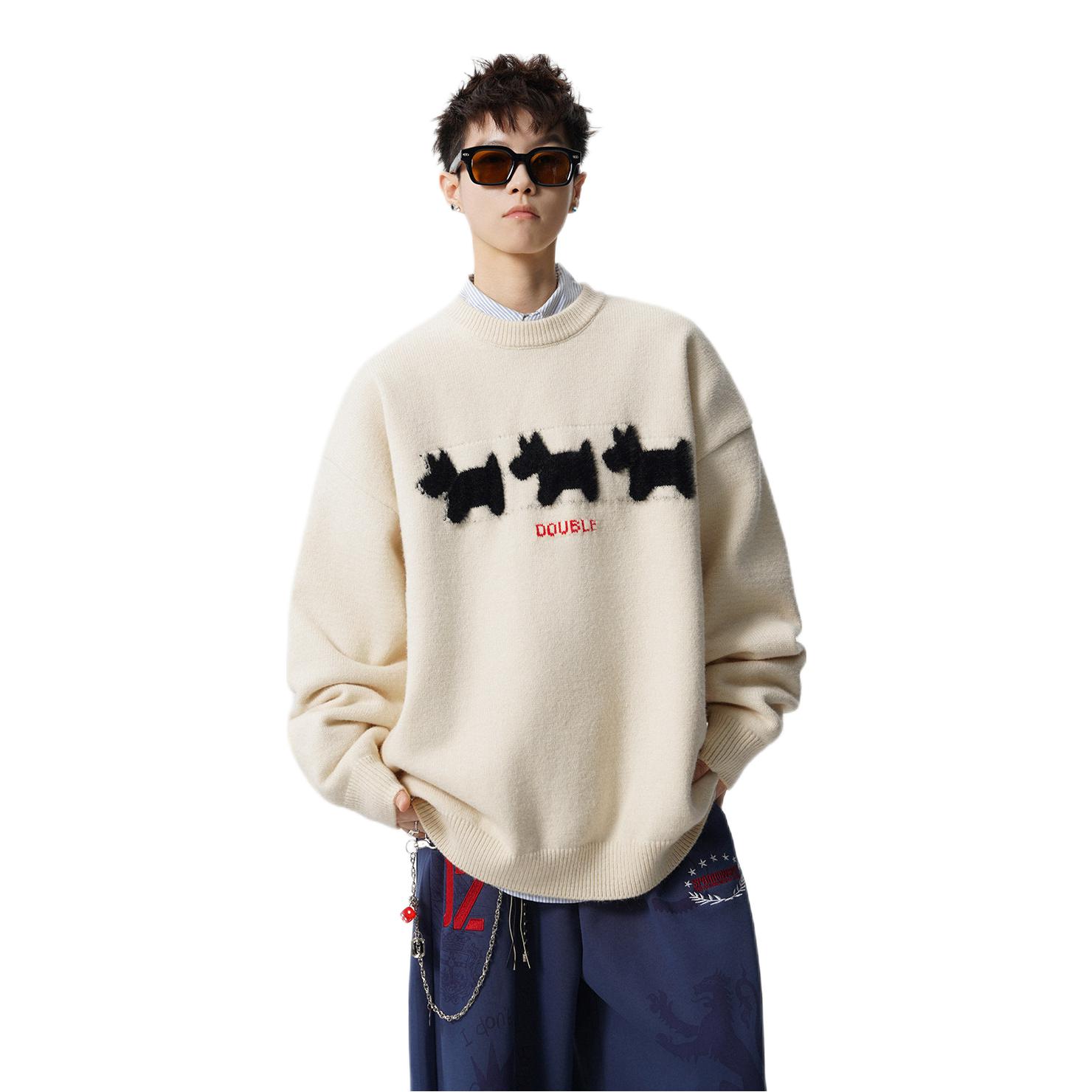 推荐商品：欧路得 套头圆领植绒小狗毛衣 O-M102101953K 米白