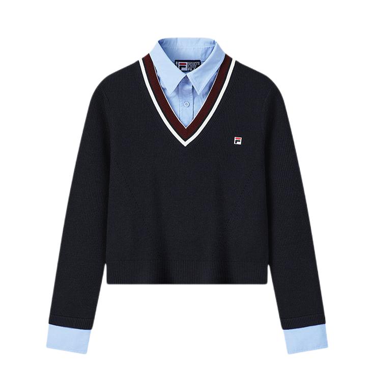 推荐商品：FILA/斐乐 2026SS 学院风假两件套头长袖毛衣 女装 F11W618418F 潮汐蓝
