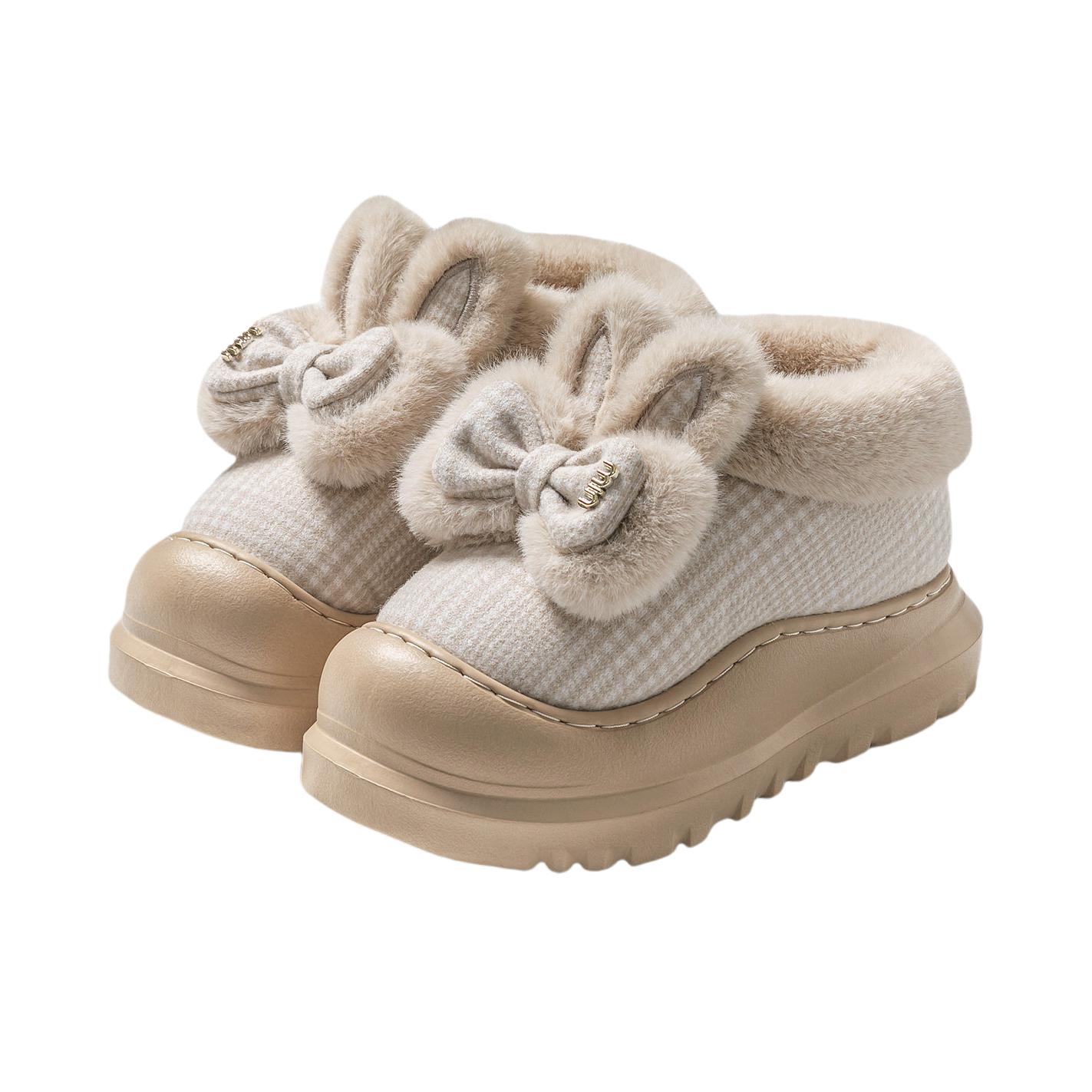 推荐商品：中述 棉鞋 加绒加厚青年蝴蝶结 加绒/女款/浅米色