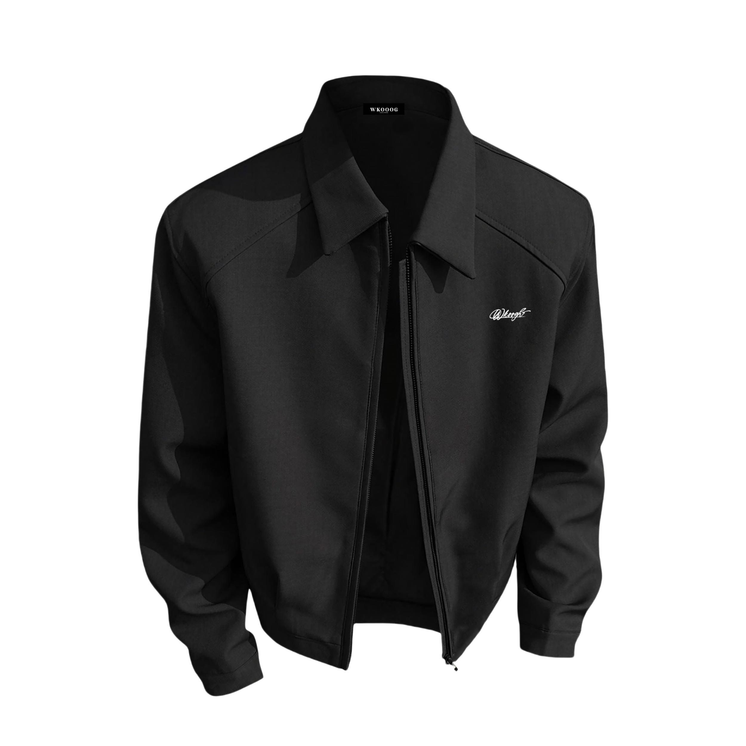 推荐商品：WKOOG 廓形哈灵顿加绒翻领垫肩长袖夹克 LQ-A102-C6067 黑/立体刺绣