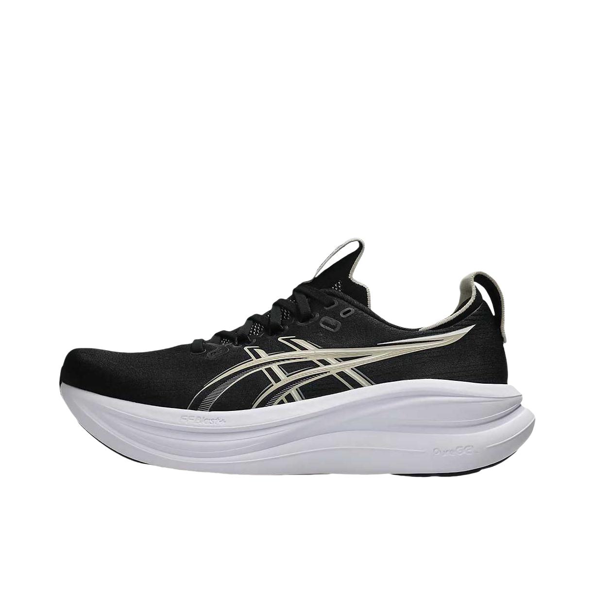 推荐商品：Asics/亚瑟士 GEL-NIMBUS 28 跑鞋 百搭时尚舒适圆头减震回弹夜跑轻便贴合支撑网面抓地慢跑缓冲缓震马拉松训练防滑冬季稳定竞速增高通勤鞋 黑色/羽毛灰 