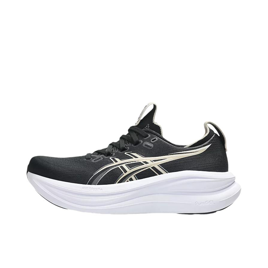 推荐商品：Asics/亚瑟士 GEL-NIMBUS 28 跑鞋 百搭时尚舒适圆头减震回弹夜跑轻便贴合支撑网面抓地慢跑缓冲缓震马拉松训练防滑冬季稳定竞速增高通勤鞋 女款/黑色/羽毛灰 