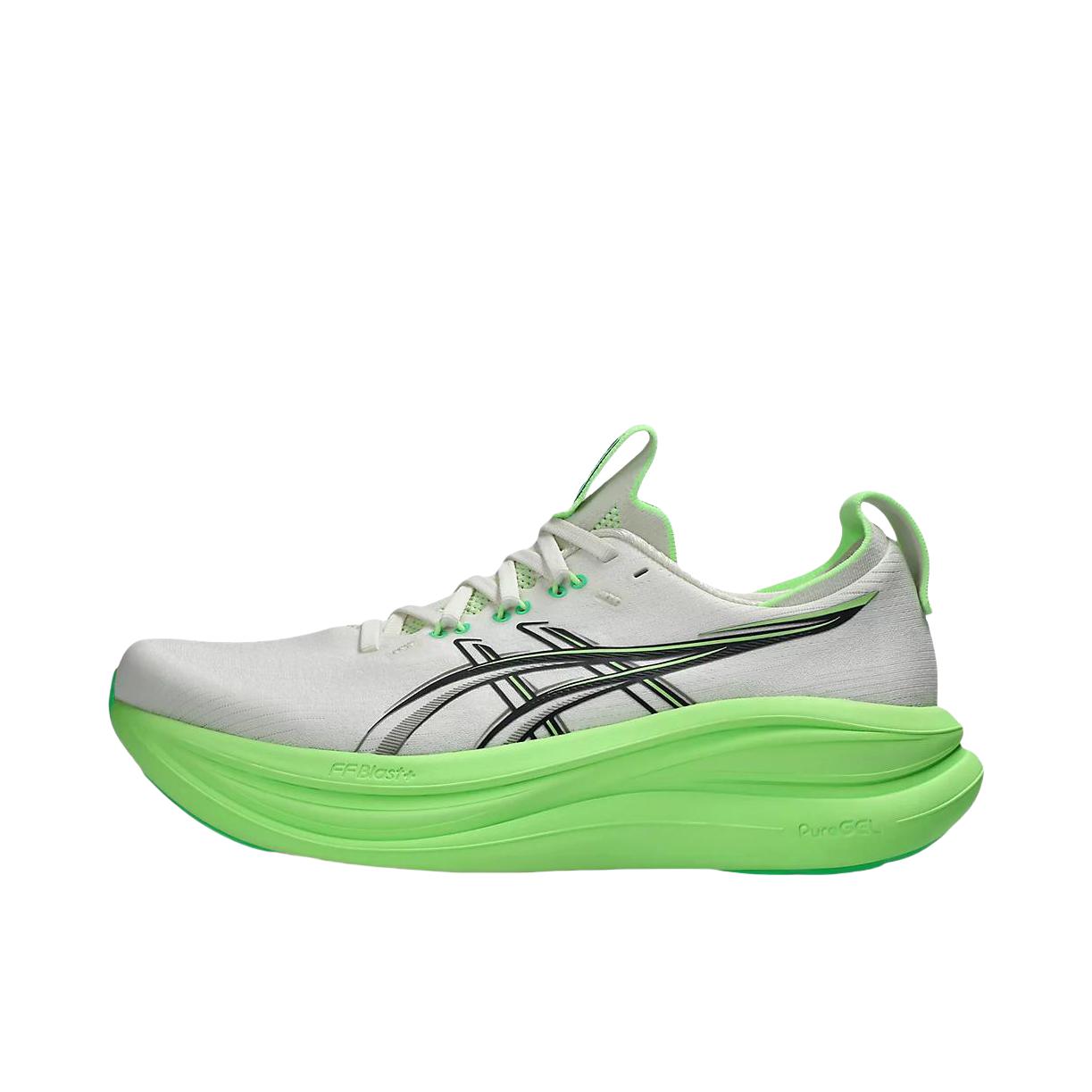 推荐商品：Asics/亚瑟士 GEL-NIMBUS 28 跑鞋 百搭时尚舒适圆头减震回弹夜跑轻便贴合支撑网面抓地慢跑缓冲缓震马拉松训练防滑冬季稳定竞速增高通勤鞋 白色/绿色
